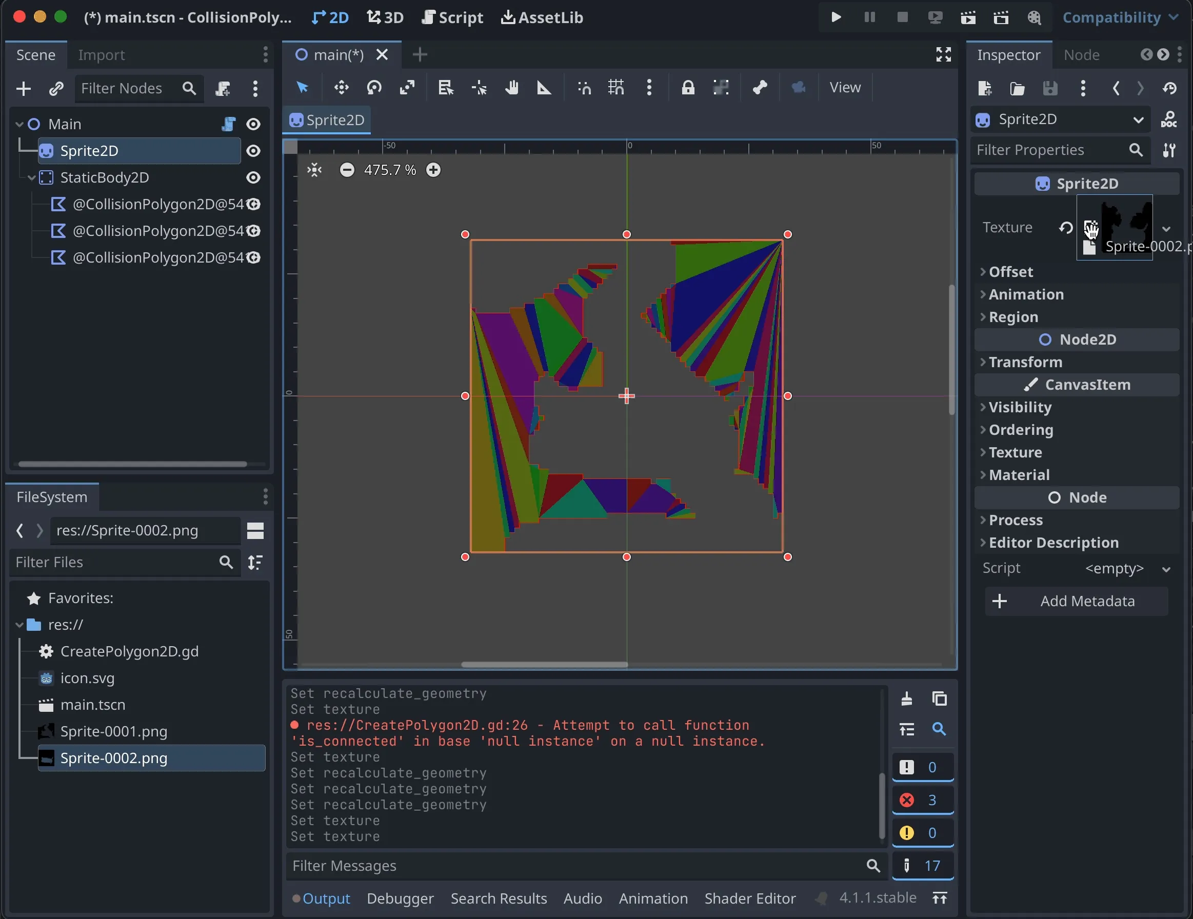 Godot editor interface showing sprite colliders