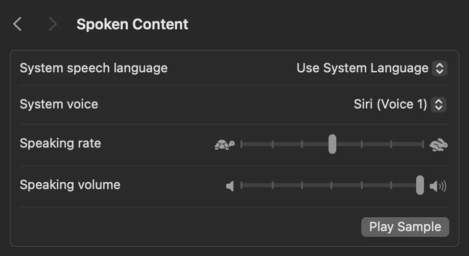 Settings for spoken content on MacOS