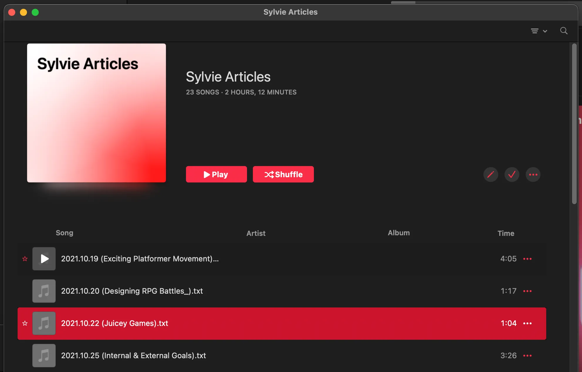 Apple Music interface with playlist of spoken articles